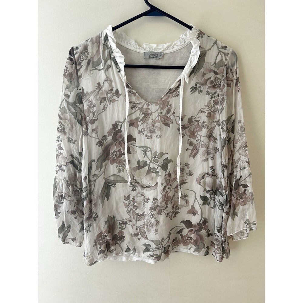 Angela Moda Italy Women’s M 100% Silk Blouse Floral Ruffle Lined Fairycore